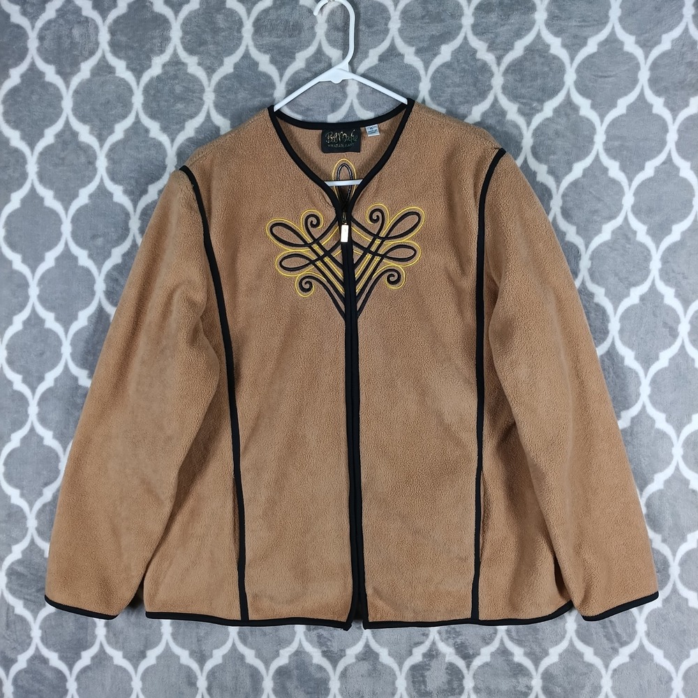 Bob Mackie Wearable Art Jacket Women XL Tan Fleece Full Zip Embroidered